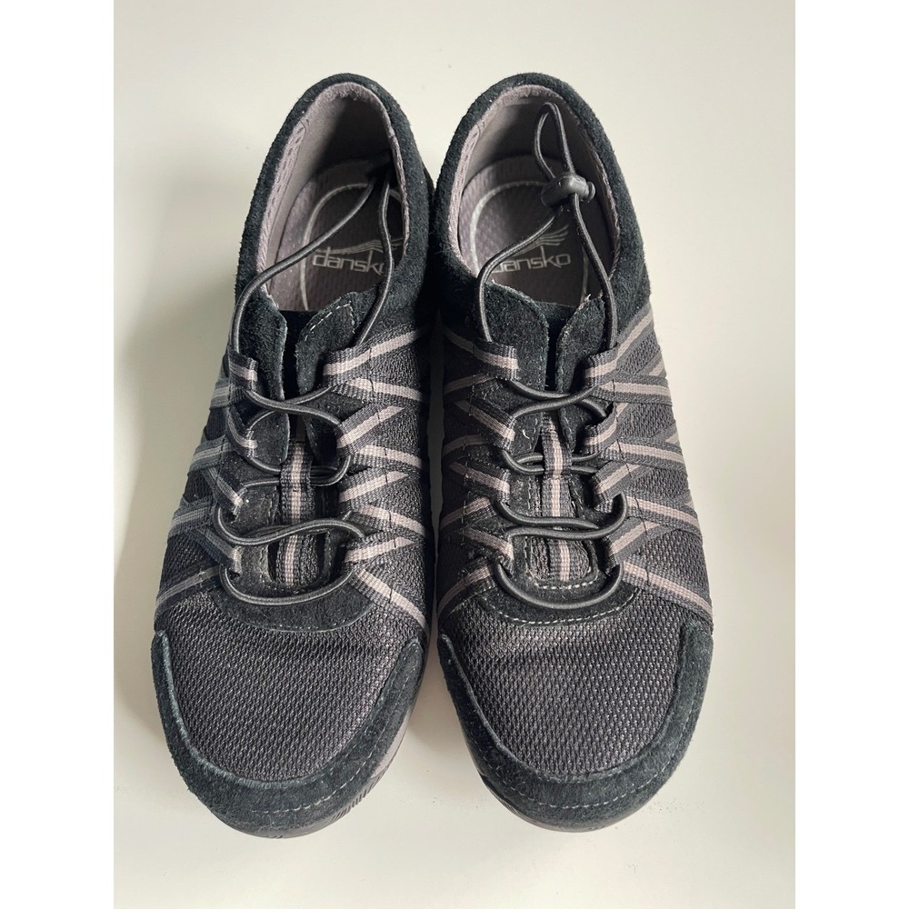 Dansko Elise Black Leather Fabric Bungee Walking Shoes Sneakers Womens 38 W